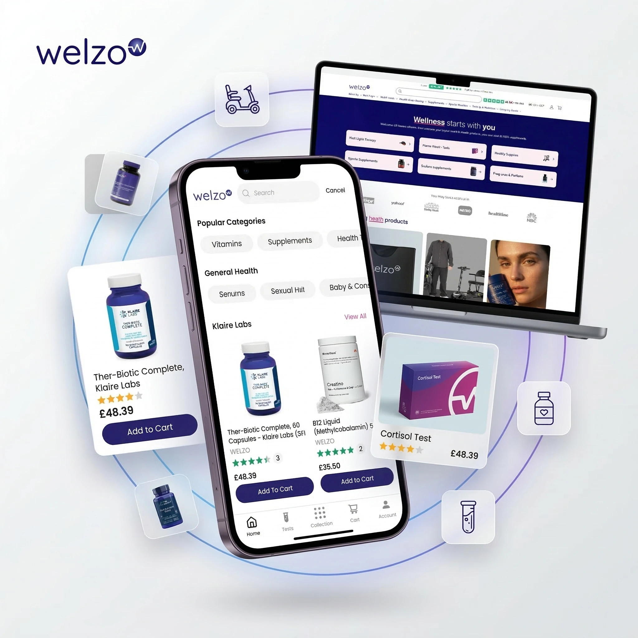 Welzo – digital health commerce platform illustration showing online consultations, diagnostics, and pharmacy services